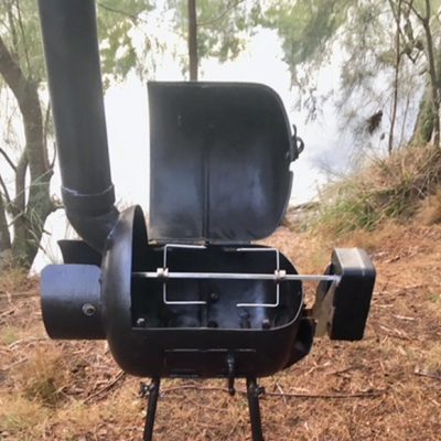 Multi Method Camp Cooker (Porker) with battery powered rotisserie